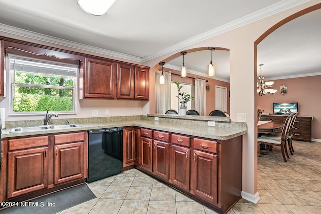 kitchen featuring arched walkways, pendant lighting, a sink, dishwasher, and a peninsula