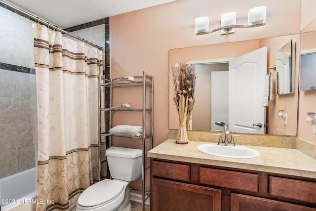 full bathroom featuring toilet, shower / bathtub combination with curtain, and vanity