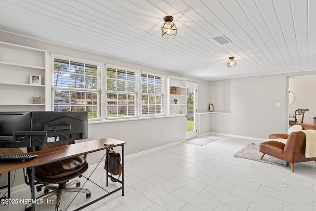 home office featuring wood ceiling, marble finish floor, visible vents, and baseboards