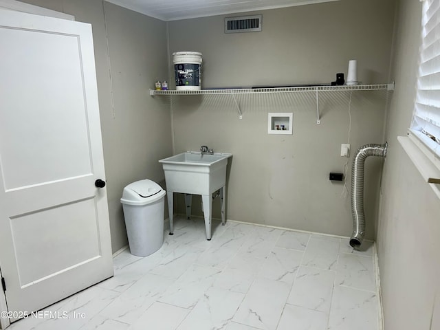 laundry room featuring laundry area, marble finish floor, washer hookup, baseboards, and visible vents