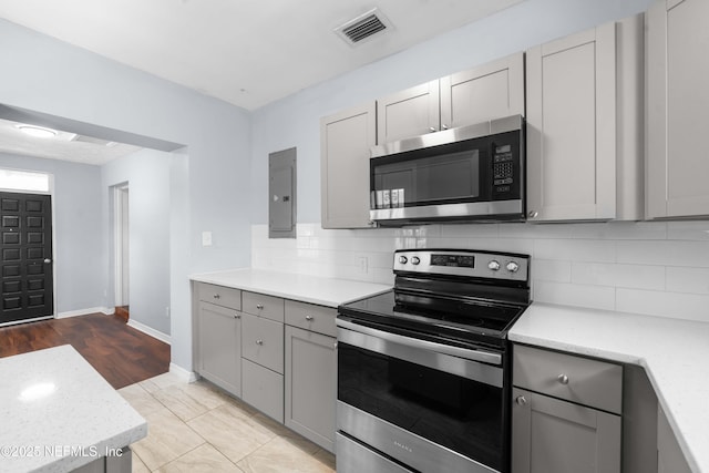 kitchen with appliances with stainless steel finishes, electric panel, visible vents, and gray cabinetry