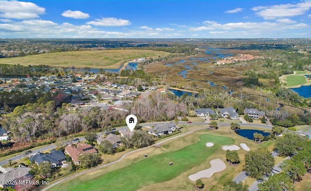 bird's eye view with a residential view, a water view, and golf course view