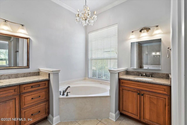 full bathroom with a sink, a garden tub, tile patterned flooring, crown molding, and two vanities