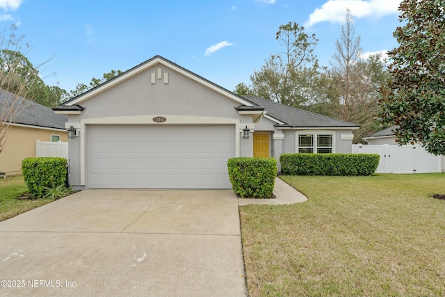 ranch-style house featuring stucco siding, fence, concrete driveway, a front yard, and a garage