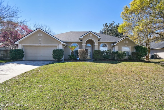 ranch-style home with a garage, driveway, cooling unit, a front lawn, and stucco siding