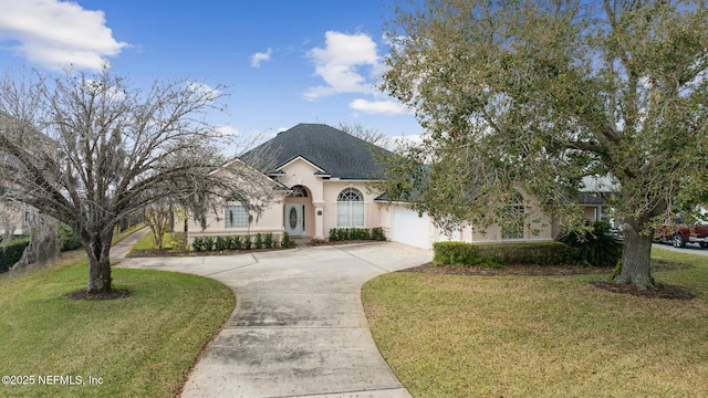 french provincial home featuring roof with shingles, stucco siding, concrete driveway, a garage, and a front lawn