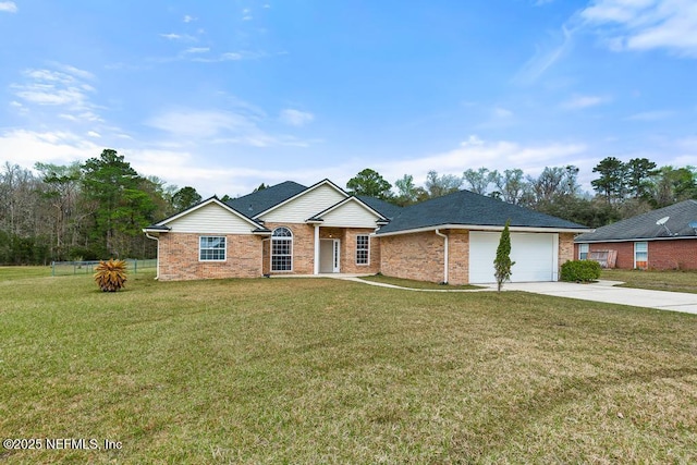 ranch-style house featuring a garage, driveway, brick siding, and a front lawn