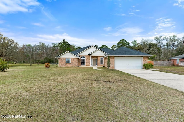 single story home featuring brick siding, concrete driveway, fence, a garage, and a front lawn