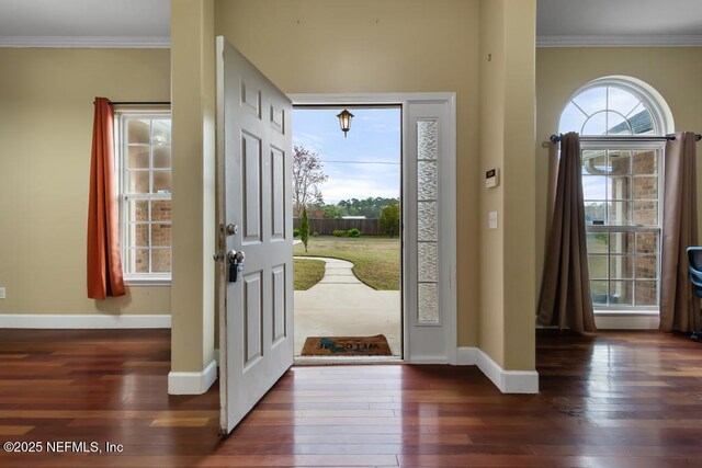 foyer with ornamental molding, baseboards, and hardwood / wood-style flooring