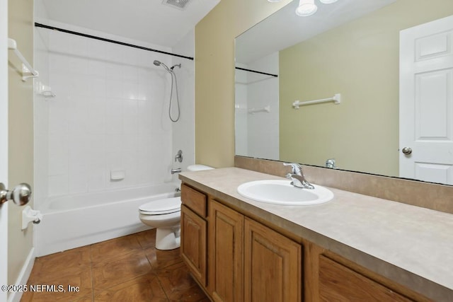 bathroom with bathing tub / shower combination, visible vents, toilet, vanity, and tile patterned floors