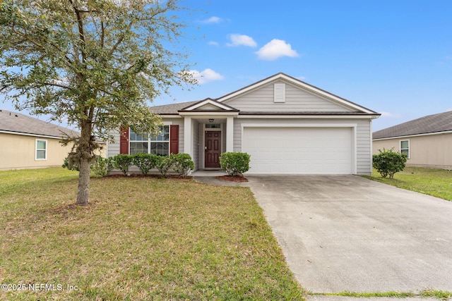 ranch-style home featuring a garage, driveway, and a front lawn