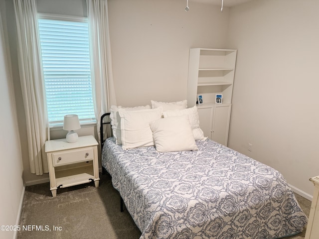 bedroom with dark carpet