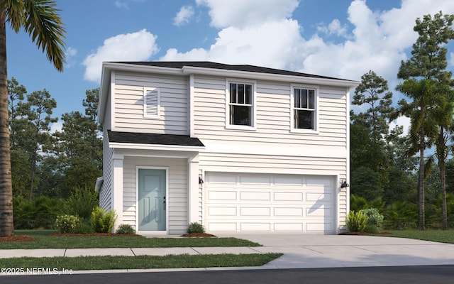 traditional home with a garage and concrete driveway