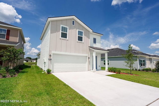 traditional-style house featuring concrete driveway, board and batten siding, and a front yard