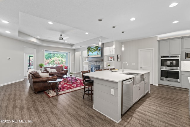 352 Bronson Pkwy, Saint Augustine, FL 32095 - kitchen with open floor plan, dark wood-style floors, appliances with stainless steel finishes, a stone fireplace, and recessed lighting