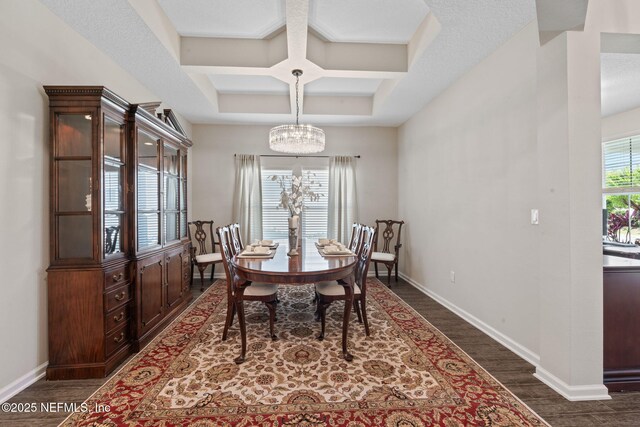 352 Bronson Pkwy, Saint Augustine, FL 32095 - dining space featuring coffered ceiling, dark wood finished floors, a chandelier, and beamed ceiling