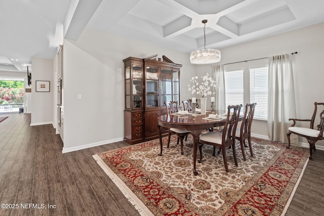 352 Bronson Pkwy, Saint Augustine, FL 32095 - dining room with coffered ceiling, dark wood-style floors, a chandelier, and beamed ceiling