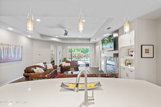 352 Bronson Pkwy, Saint Augustine, FL 32095 - kitchen with a fireplace, light countertops, wood finished floors, a tray ceiling, and recessed lighting