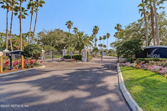 view of street featuring curbs, a gated entry, and a gate