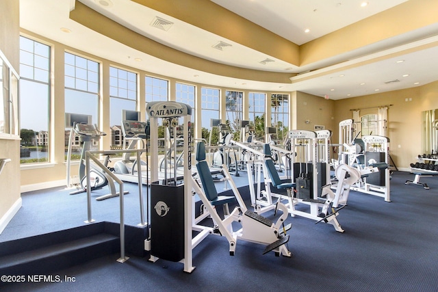 workout area featuring plenty of natural light, visible vents, baseboards, and a tray ceiling