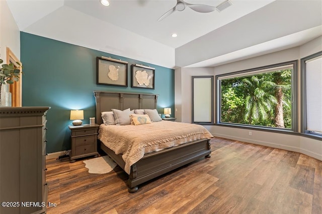 bedroom with recessed lighting, wood finished floors, baseboards, and ceiling fan