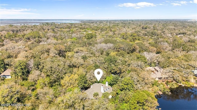 drone / aerial view with a view of trees and a water view