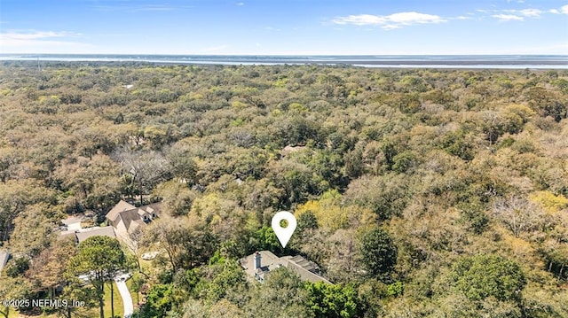 aerial view featuring a water view and a wooded view