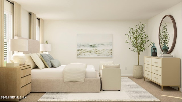 bedroom featuring light colored carpet