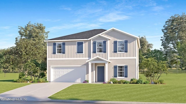 view of front of home with a garage, a front yard, concrete driveway, and board and batten siding