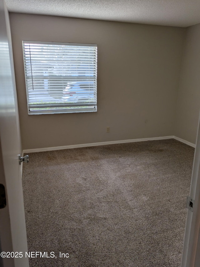 spare room featuring a textured ceiling, carpet, and baseboards