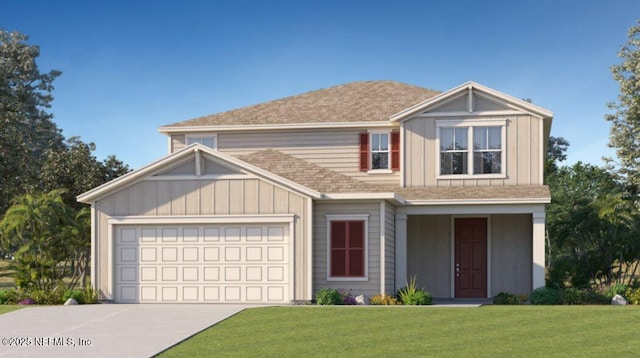 view of front of home with board and batten siding, a garage, and a front lawn