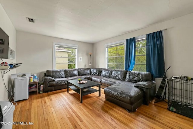 living area with plenty of natural light, light wood-style flooring, and visible vents