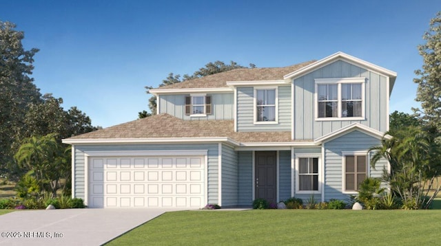 view of front facade with an attached garage, concrete driveway, board and batten siding, and a front yard