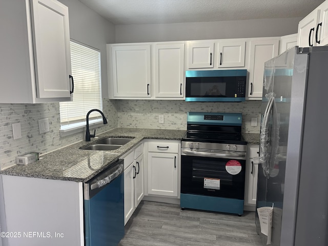 kitchen with white cabinetry, stainless steel appliances, and a sink