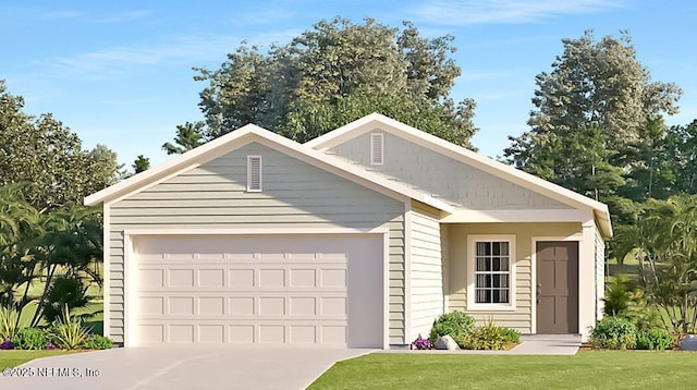 view of front facade with a front yard, concrete driveway, and an attached garage