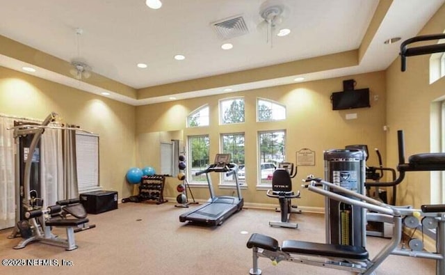 workout area with recessed lighting, visible vents, and baseboards