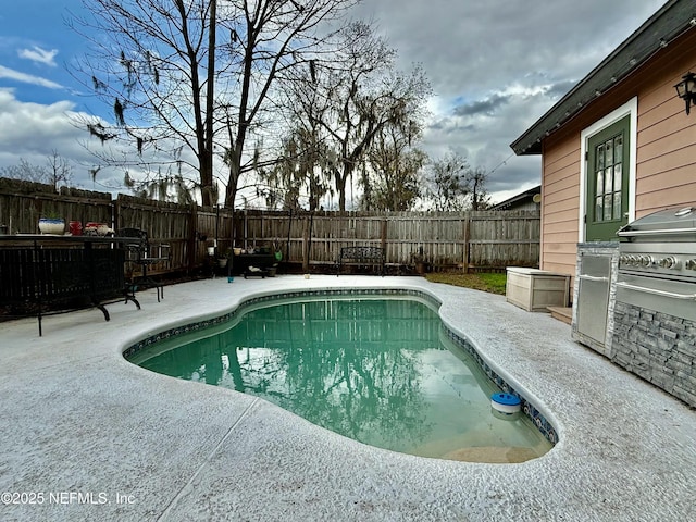 view of pool with a fenced in pool, a fenced backyard, grilling area, and area for grilling