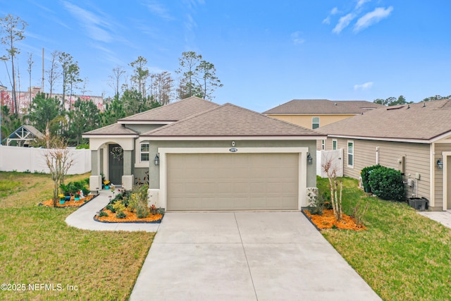 view of front of house featuring concrete driveway, an attached garage, fence, a front lawn, and stucco siding