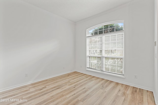 empty room with a textured ceiling, baseboards, light wood-style flooring, and crown molding