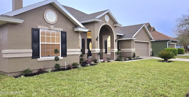 view of front of home with a front lawn, driveway, an attached garage, and stucco siding