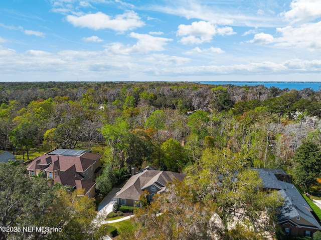 birds eye view of property with a forest view and a water view