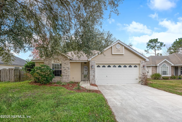 single story home featuring driveway, brick siding, a front lawn, and an attached garage