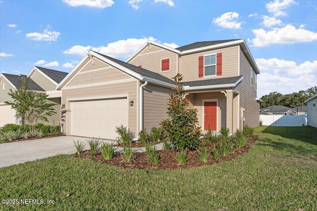 view of front facade featuring a garage, concrete driveway, fence, and a front lawn