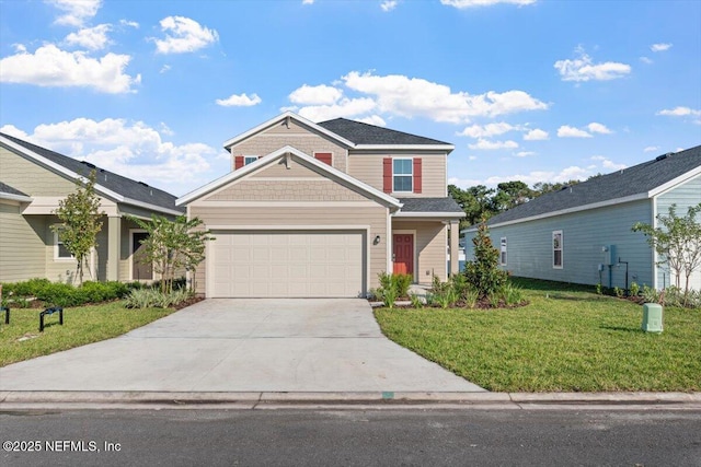 view of front facade with a front lawn and concrete driveway