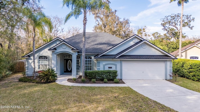 view of front facade with an attached garage, stucco siding, concrete driveway, and a front yard