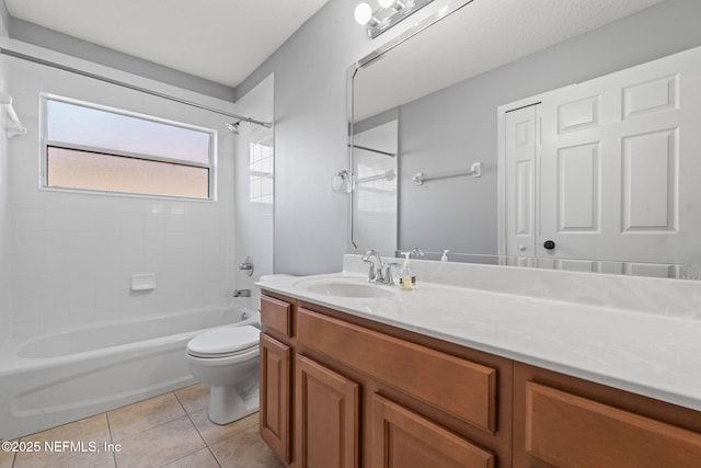 bathroom featuring toilet, tile patterned flooring, shower / washtub combination, and vanity