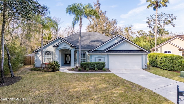 view of front facade with a garage, driveway, fence, a front lawn, and stucco siding