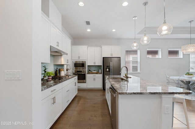 kitchen with under cabinet range hood, a sink, white cabinets, appliances with stainless steel finishes, and decorative backsplash