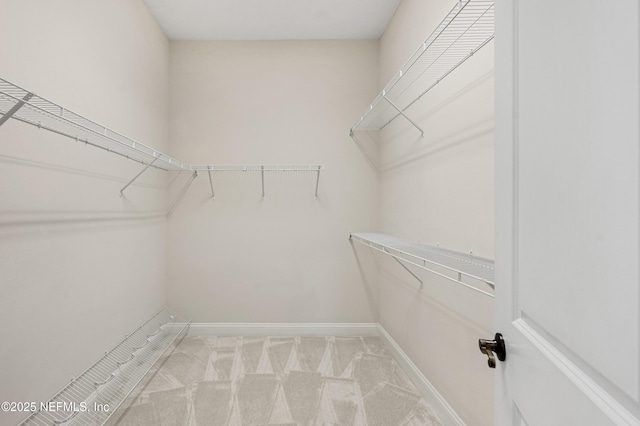 walk in closet with light colored carpet