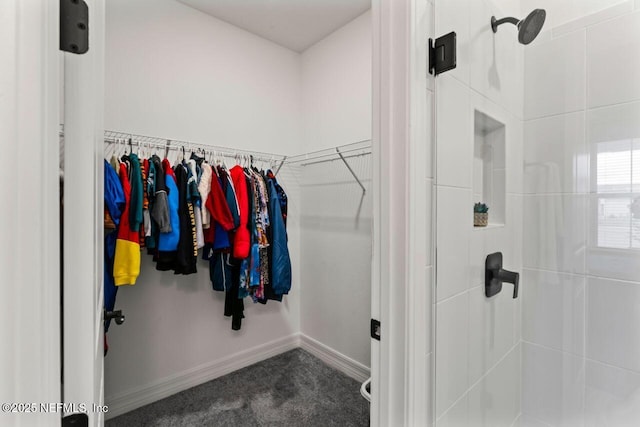 walk in closet featuring carpet flooring